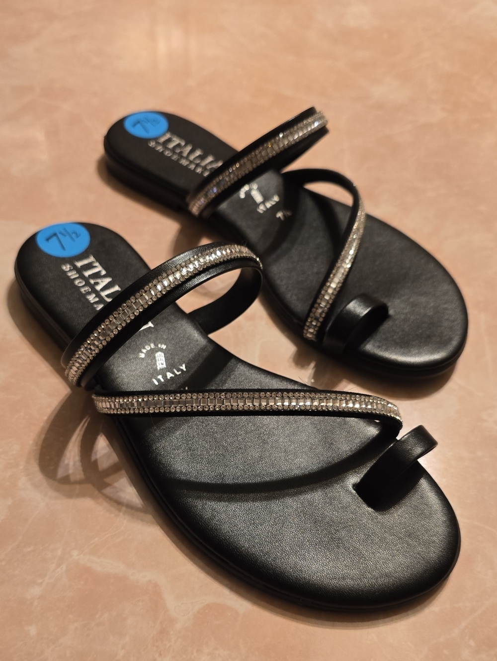 Italian Shoemakers Black Slide Sandals with Crystal Straps - NWOT